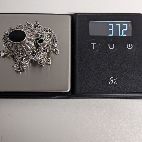 Vintage Sterling Silver, Onyx and Marcasite Turtle Pendant/Necklace - Picture 6 of 16